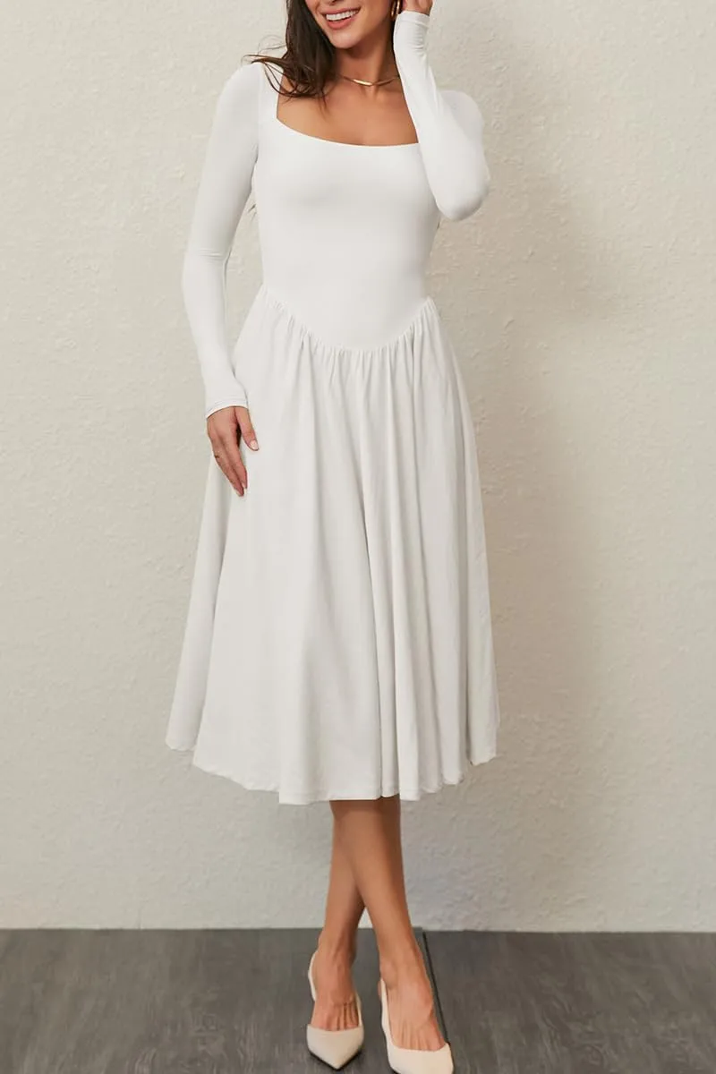 CHYRII Women Spring Fashion 2025 Square Neck Long Sleeve Casual A-Line Midi Dress