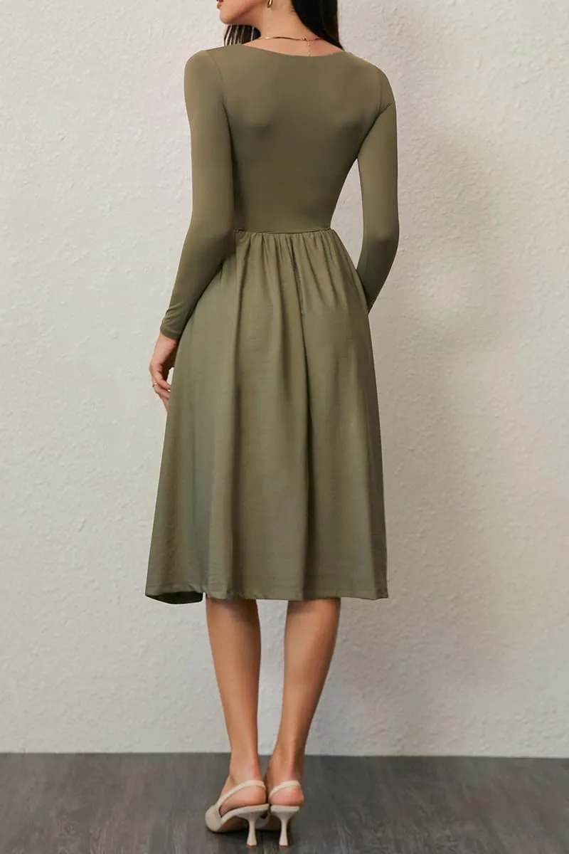 CHYRII Women Spring Fashion 2025 Square Neck Long Sleeve Casual A-Line Midi Dress