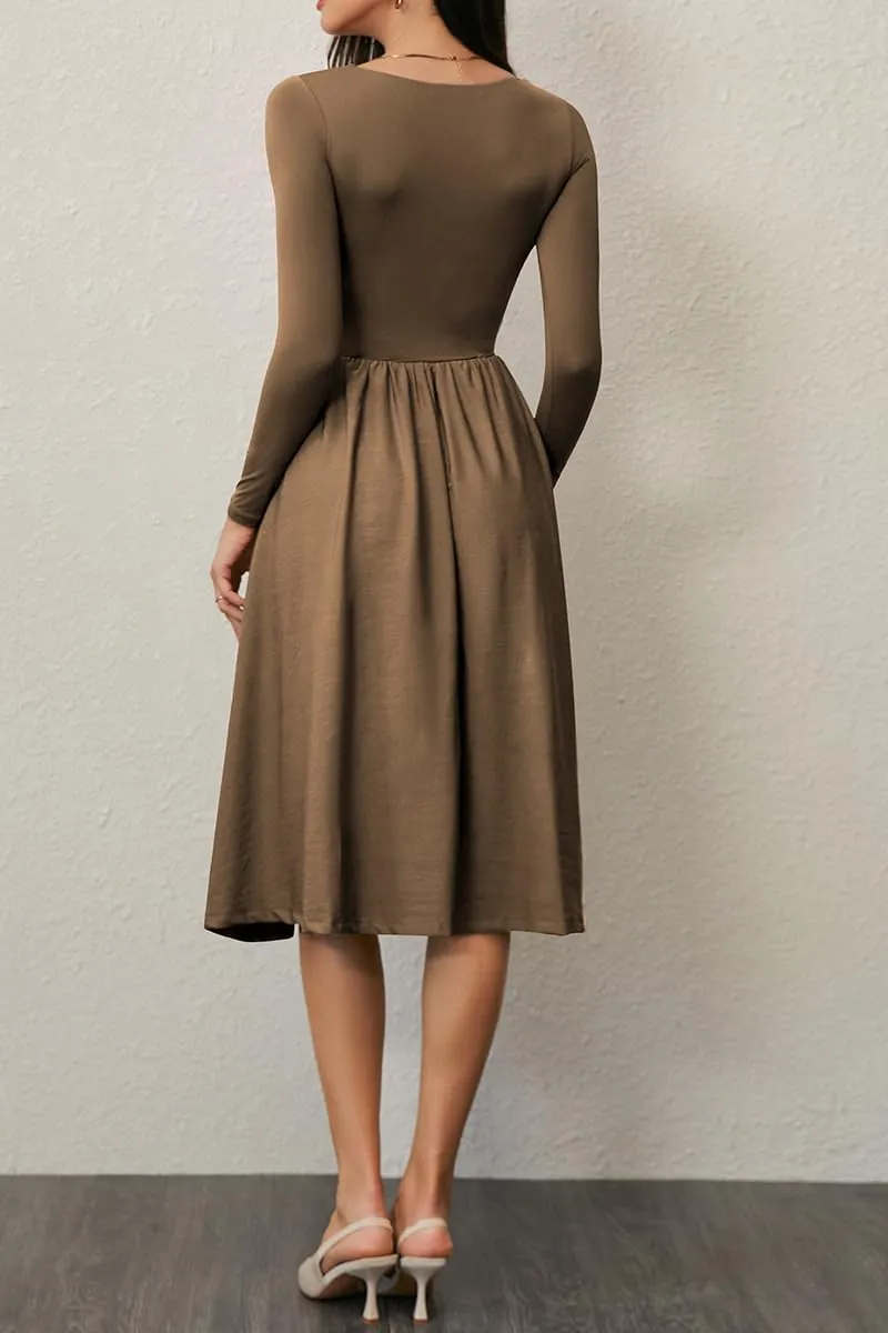CHYRII Women Spring Fashion 2025 Square Neck Long Sleeve Casual A-Line Midi Dress