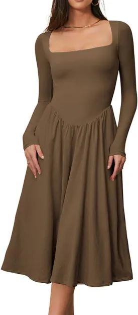 CHYRII Women Spring Fashion 2025 Square Neck Long Sleeve Casual A-Line Midi Dress