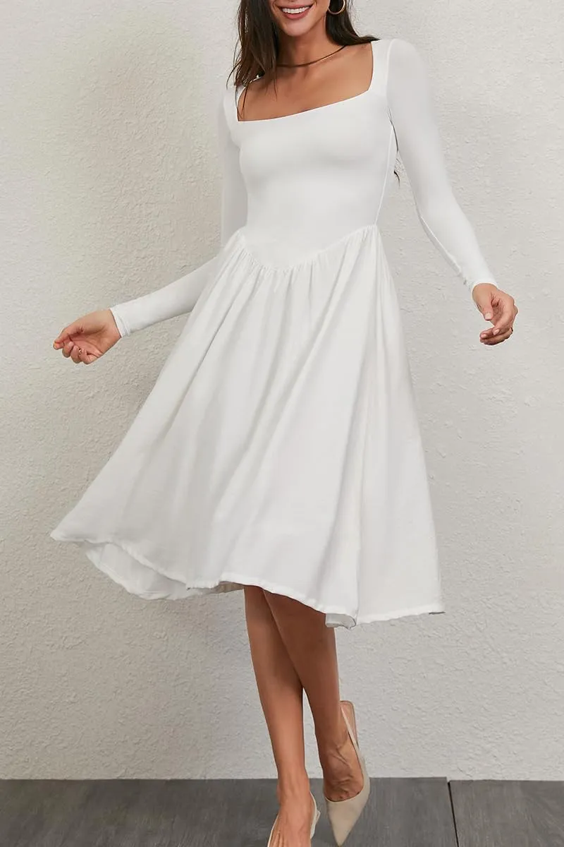CHYRII Women Spring Fashion 2025 Square Neck Long Sleeve Casual A-Line Midi Dress