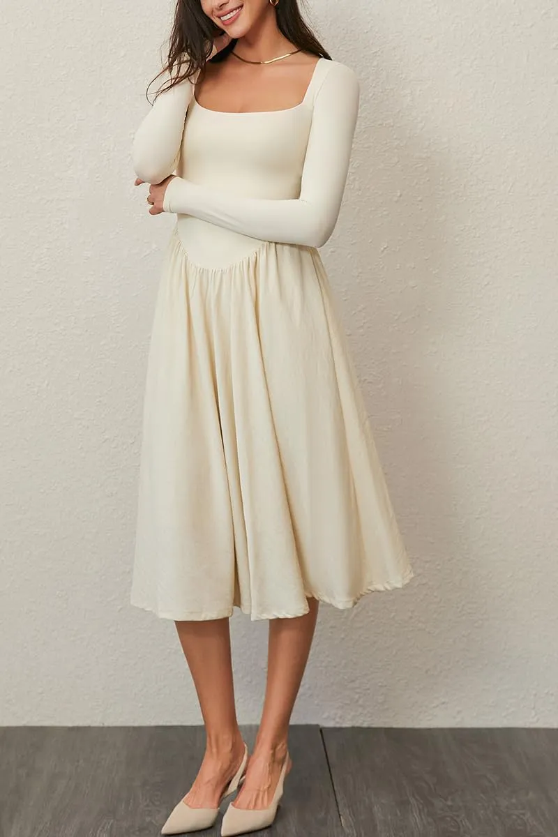 CHYRII Women Spring Fashion 2025 Square Neck Long Sleeve Casual A-Line Midi Dress
