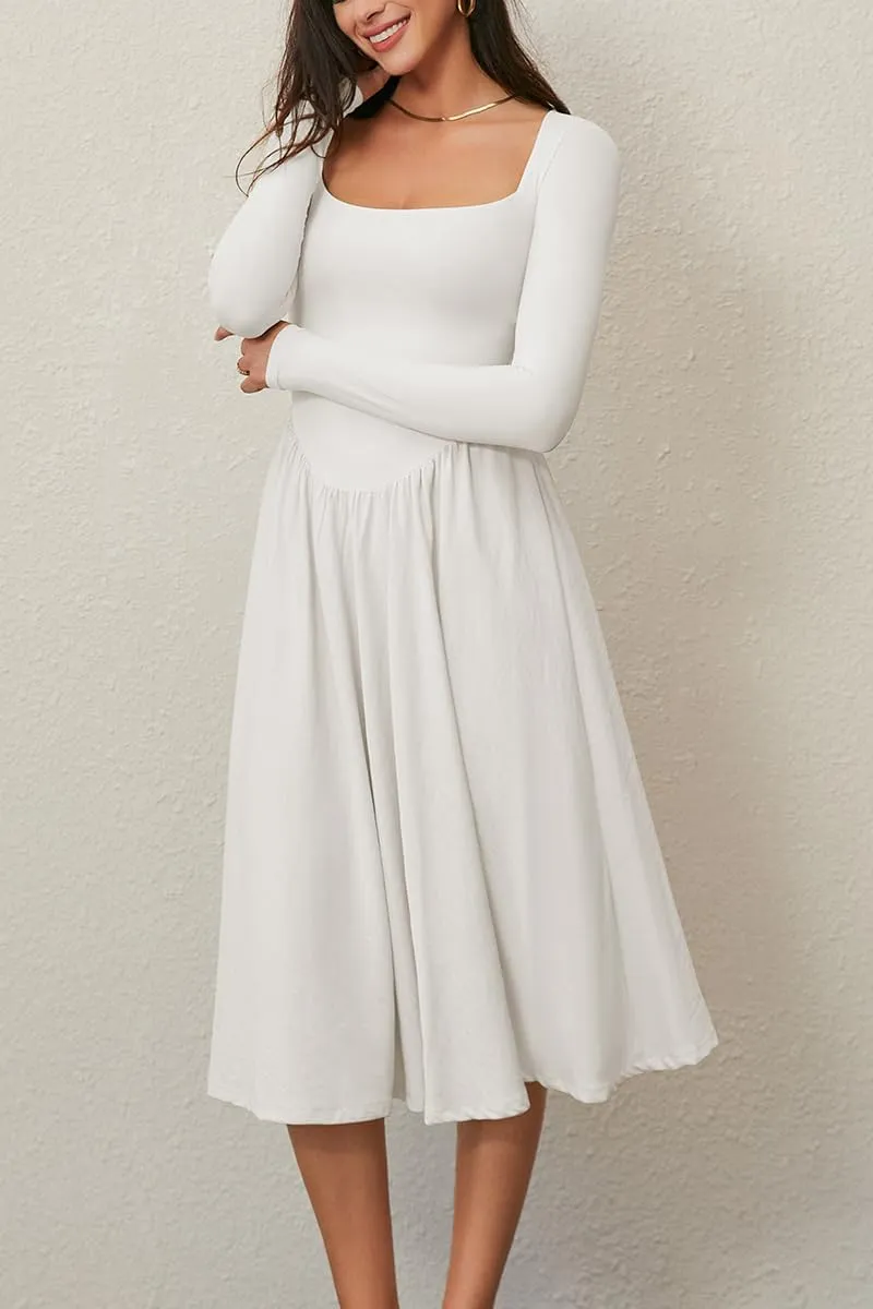 CHYRII Women Spring Fashion 2025 Square Neck Long Sleeve Casual A-Line Midi Dress