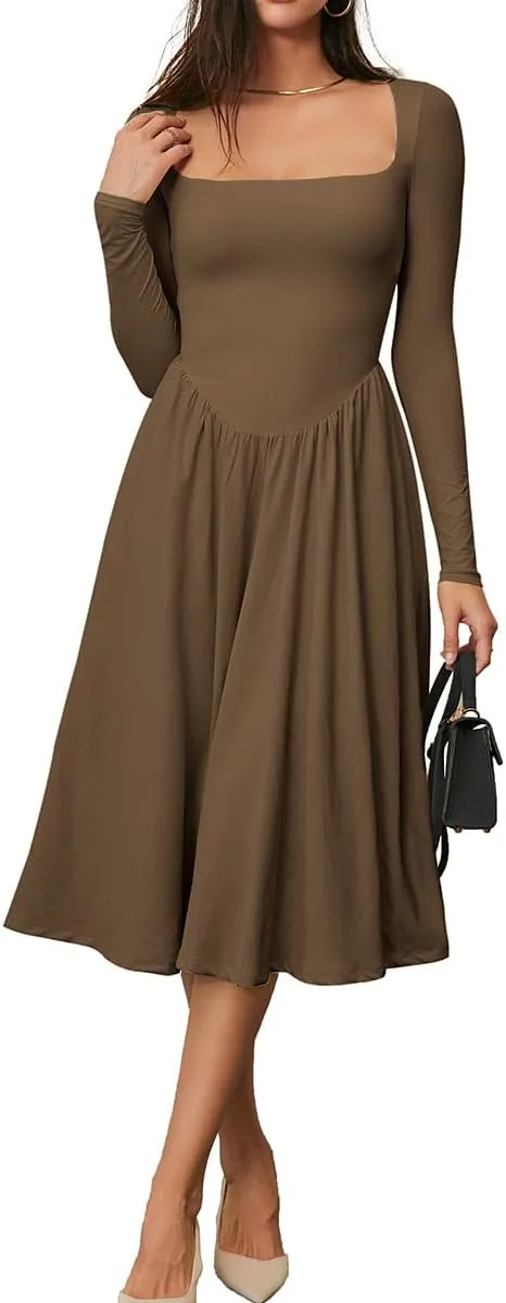 CHYRII Women Spring Fashion 2025 Square Neck Long Sleeve Casual A-Line Midi Dress