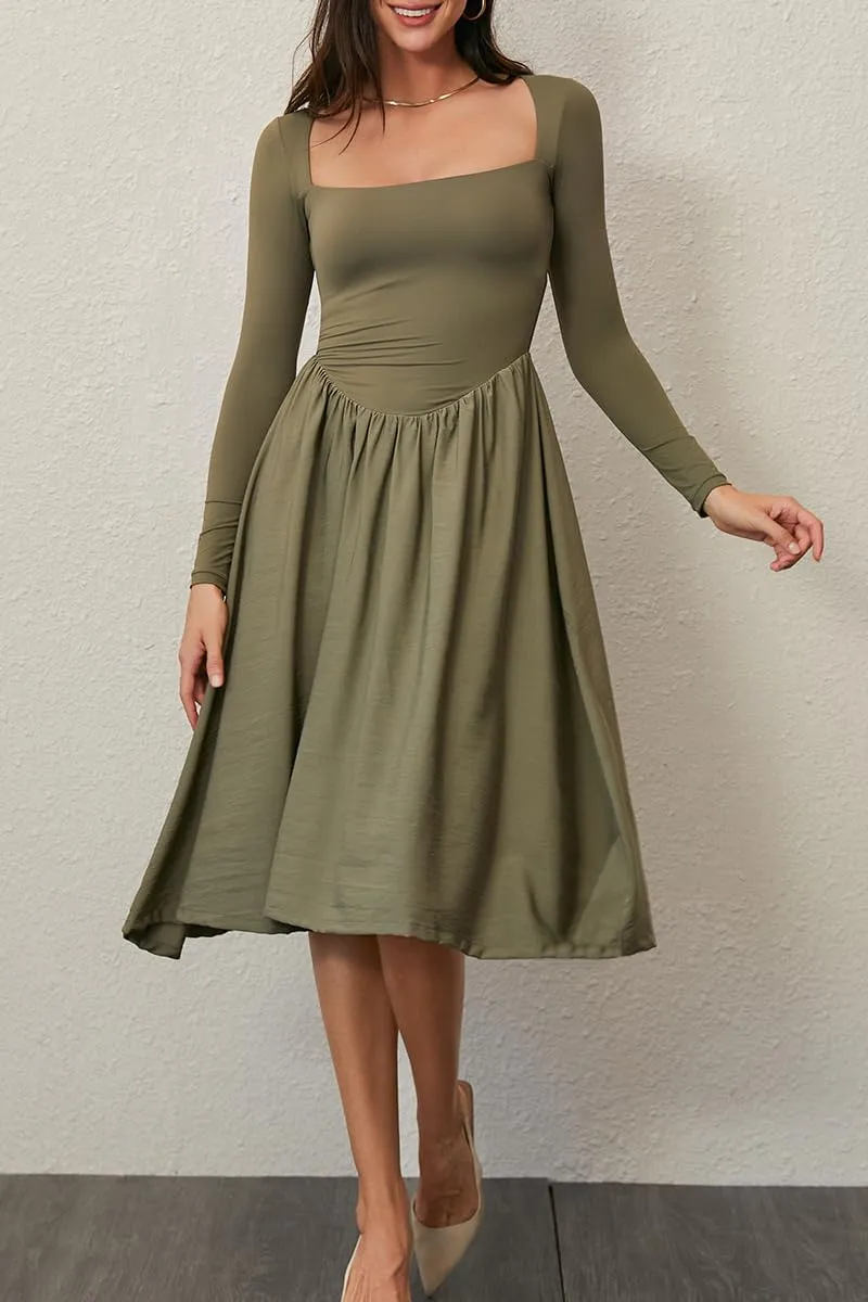 CHYRII Women Spring Fashion 2025 Square Neck Long Sleeve Casual A-Line Midi Dress