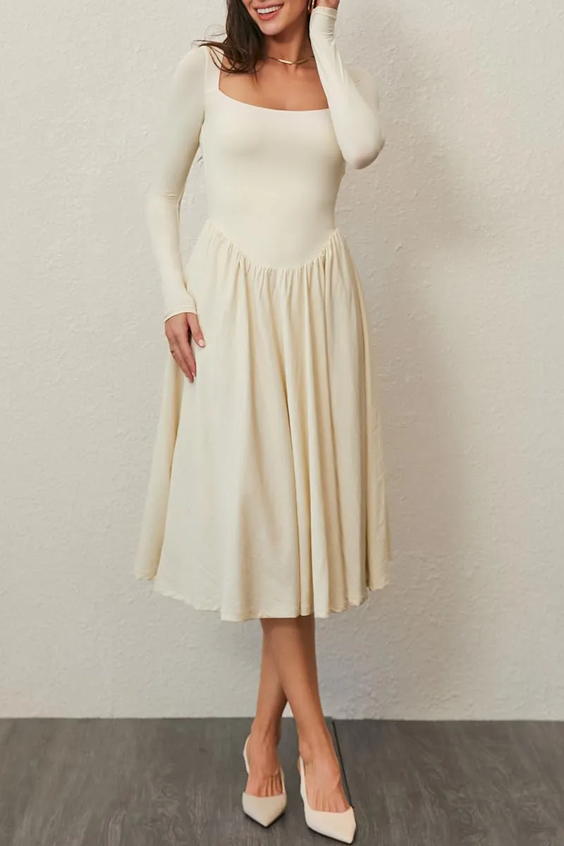 CHYRII Women Spring Fashion 2025 Square Neck Long Sleeve Casual A-Line Midi Dress