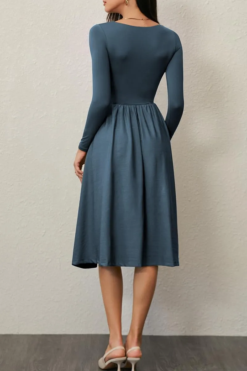 CHYRII Women Spring Fashion 2025 Square Neck Long Sleeve Casual A-Line Midi Dress