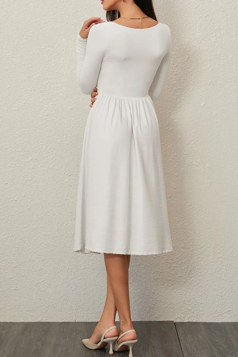 CHYRII Women Spring Fashion 2025 Square Neck Long Sleeve Casual A-Line Midi Dress