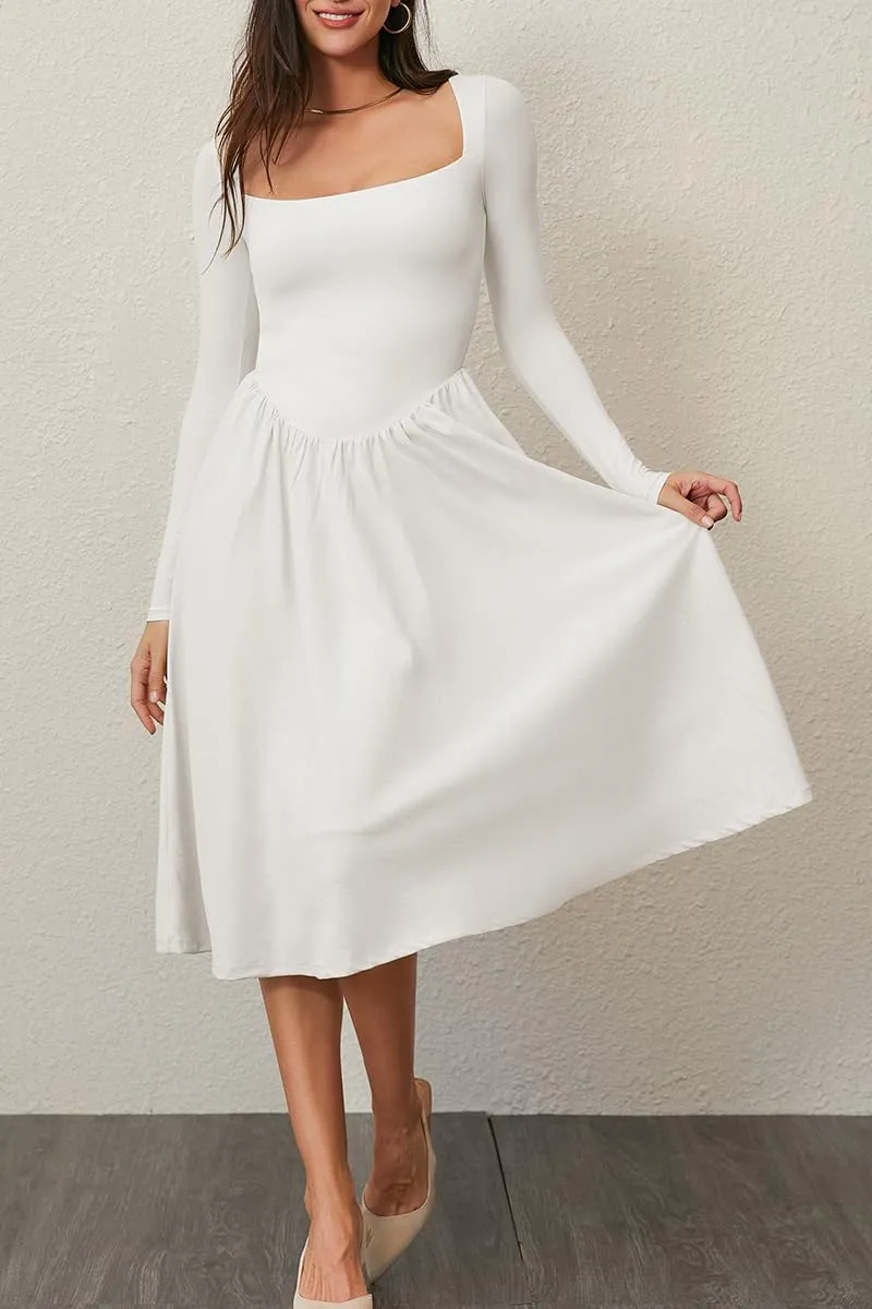 CHYRII Women Spring Fashion 2025 Square Neck Long Sleeve Casual A-Line Midi Dress