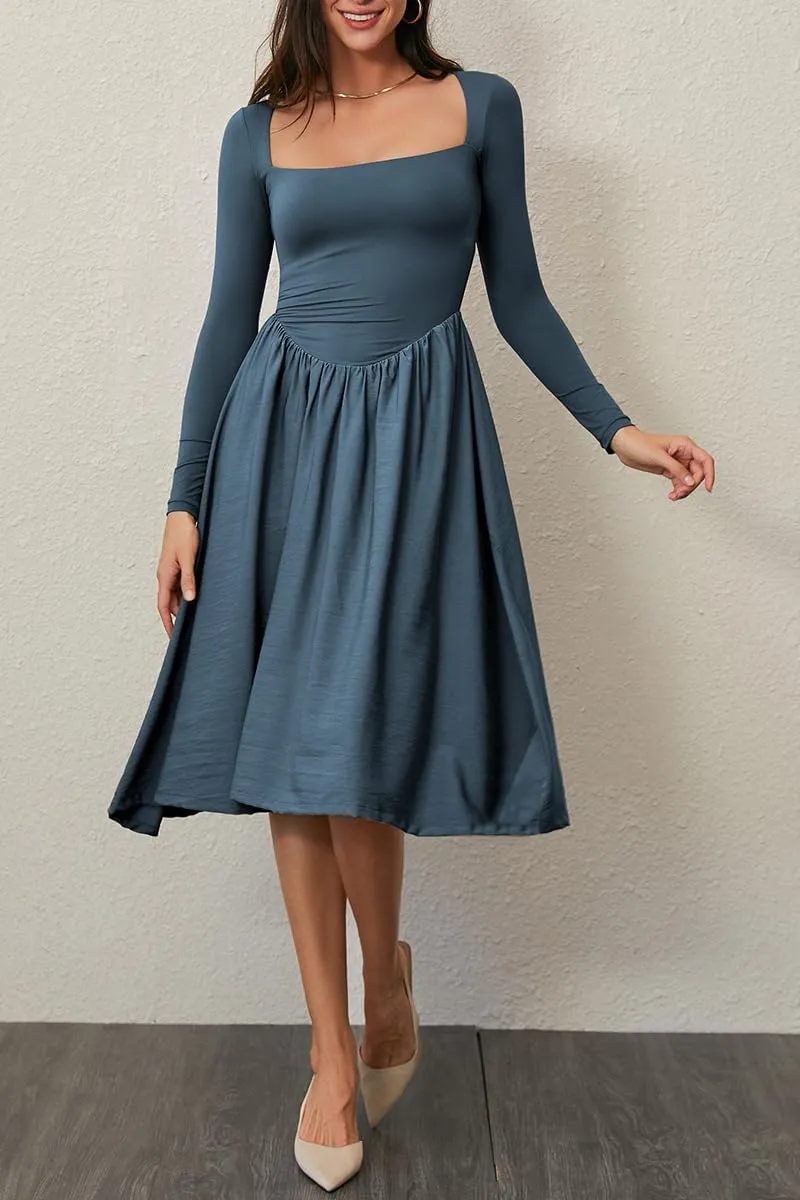 CHYRII Women Spring Fashion 2025 Square Neck Long Sleeve Casual A-Line Midi Dress