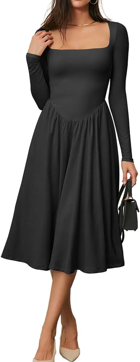 CHYRII Women Spring Fashion 2025 Square Neck Long Sleeve Casual A-Line Midi Dress