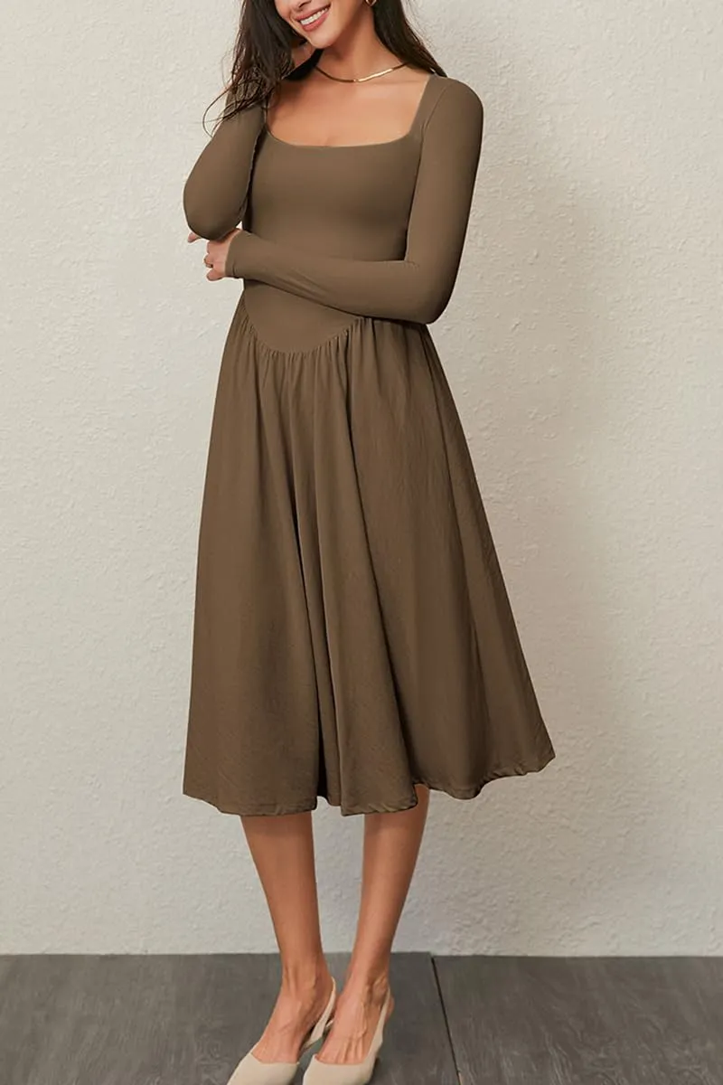 CHYRII Women Spring Fashion 2025 Square Neck Long Sleeve Casual A-Line Midi Dress