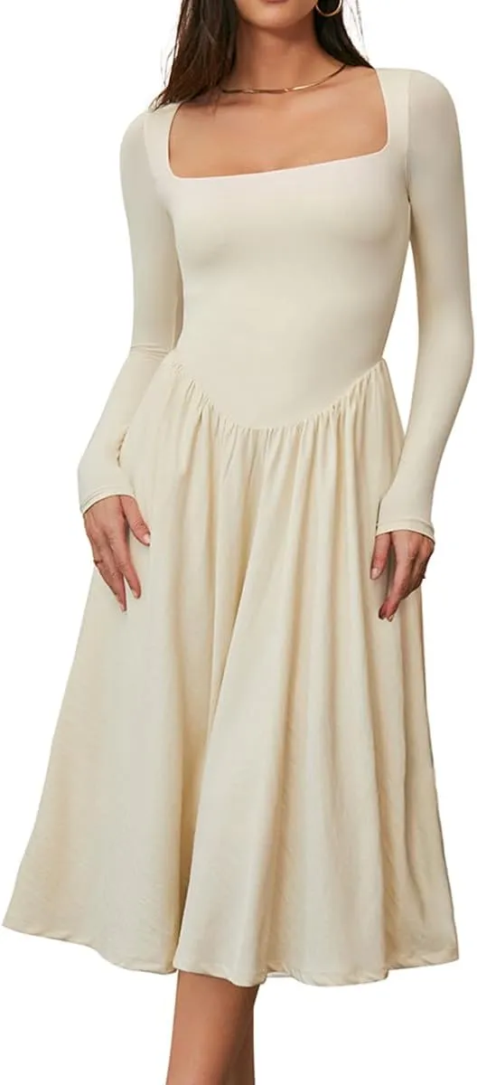 CHYRII Women Spring Fashion 2025 Square Neck Long Sleeve Casual A-Line Midi Dress