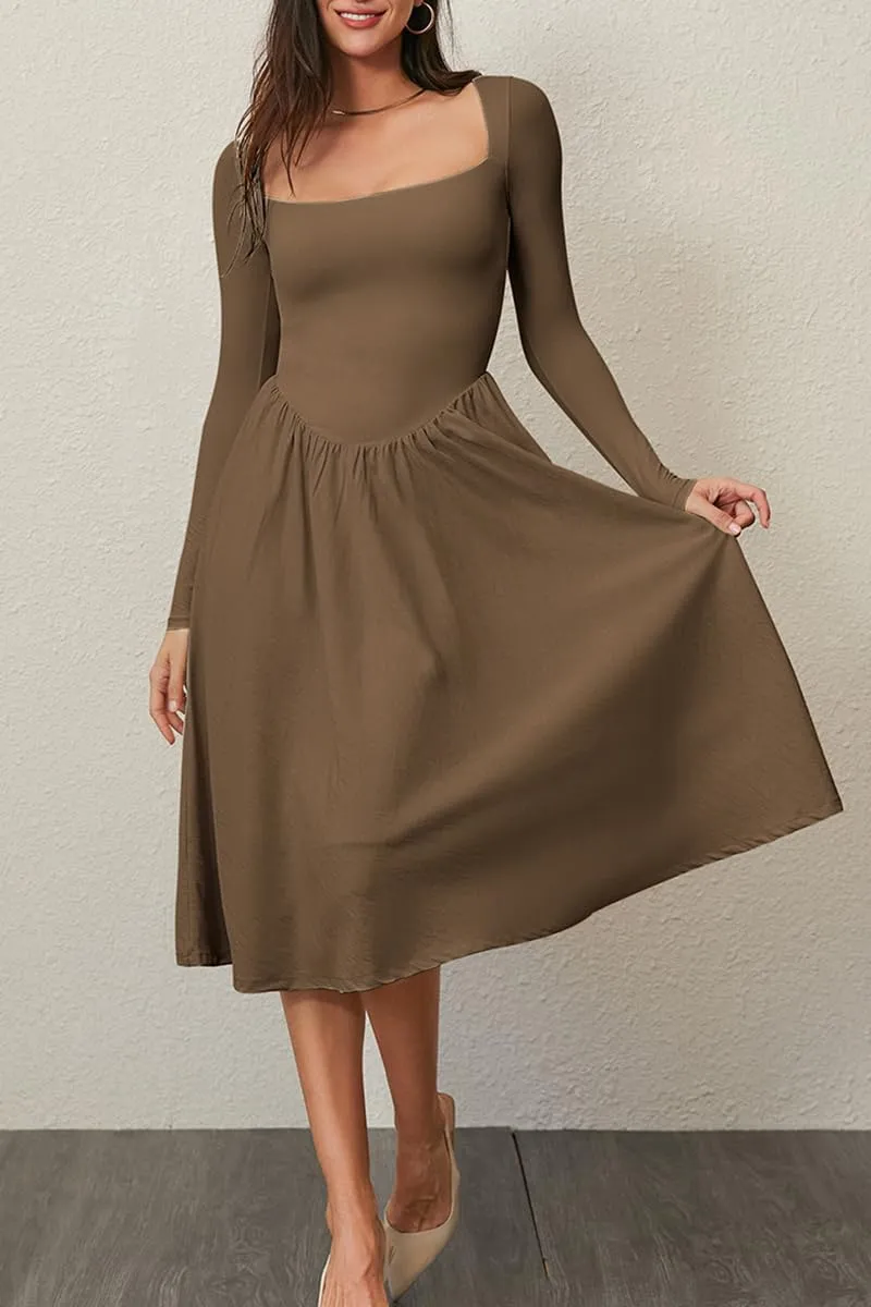 CHYRII Women Spring Fashion 2025 Square Neck Long Sleeve Casual A-Line Midi Dress