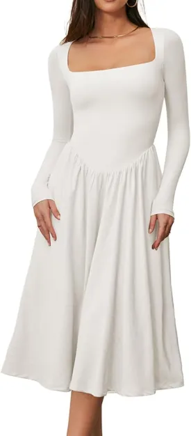 CHYRII Women Spring Fashion 2025 Square Neck Long Sleeve Casual A-Line Midi Dress
