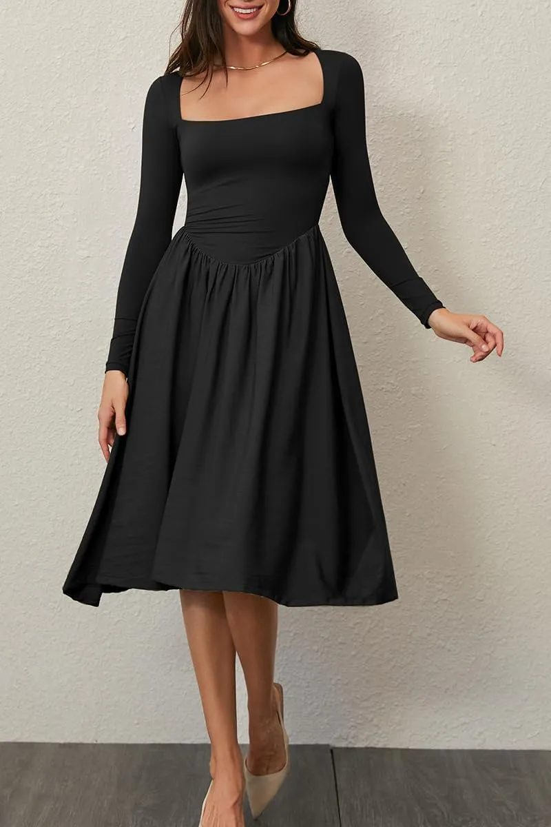 CHYRII Women Spring Fashion 2025 Square Neck Long Sleeve Casual A-Line Midi Dress