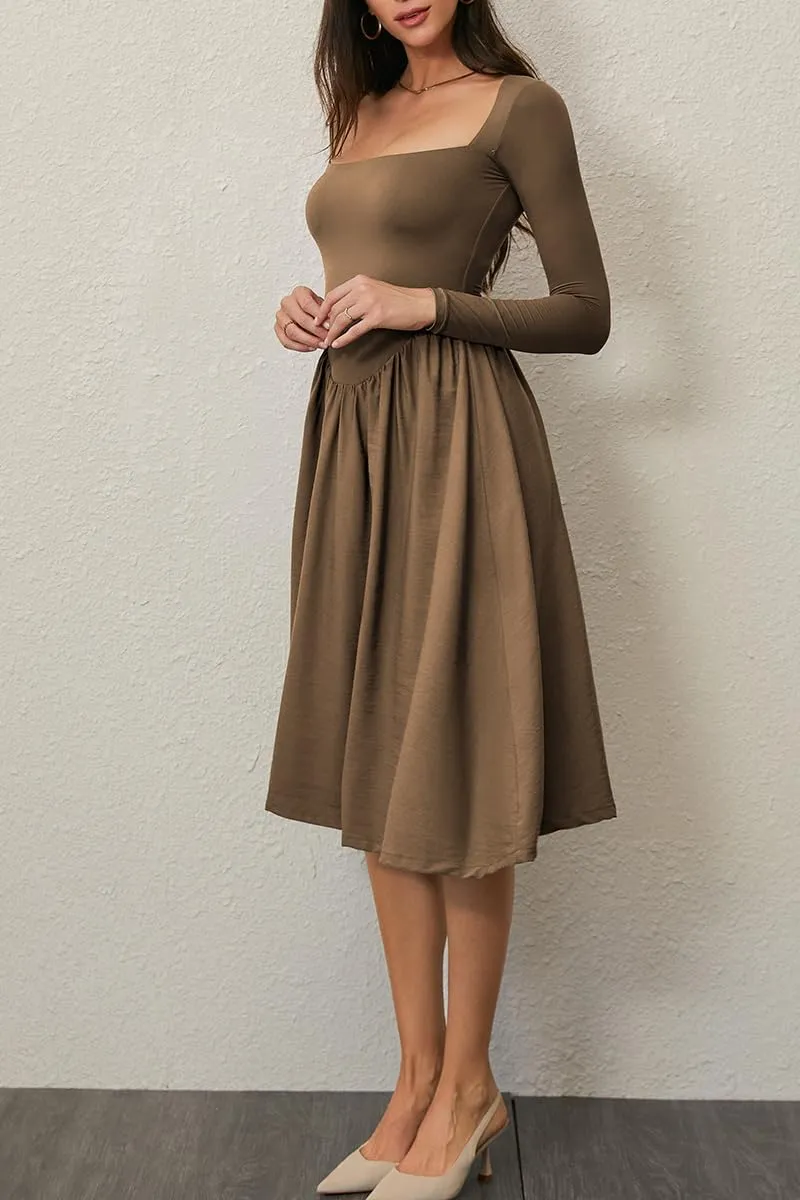 CHYRII Women Spring Fashion 2025 Square Neck Long Sleeve Casual A-Line Midi Dress