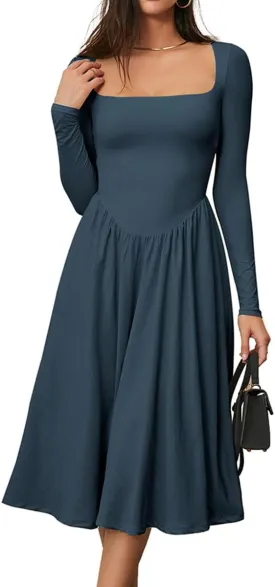 CHYRII Women Spring Fashion 2025 Square Neck Long Sleeve Casual A-Line Midi Dress