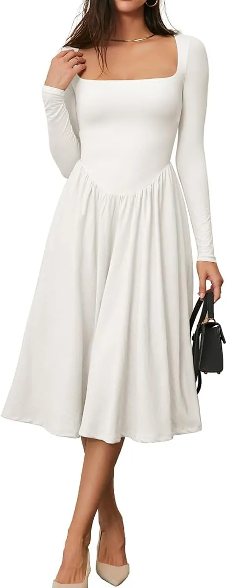 CHYRII Women Spring Fashion 2025 Square Neck Long Sleeve Casual A-Line Midi Dress