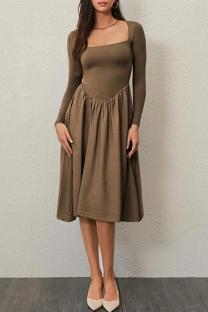 CHYRII Women Spring Fashion 2025 Square Neck Long Sleeve Casual A-Line Midi Dress