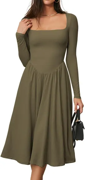 CHYRII Women Spring Fashion 2025 Square Neck Long Sleeve Casual A-Line Midi Dress