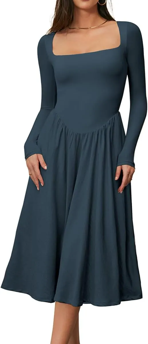 CHYRII Women Spring Fashion 2025 Square Neck Long Sleeve Casual A-Line Midi Dress