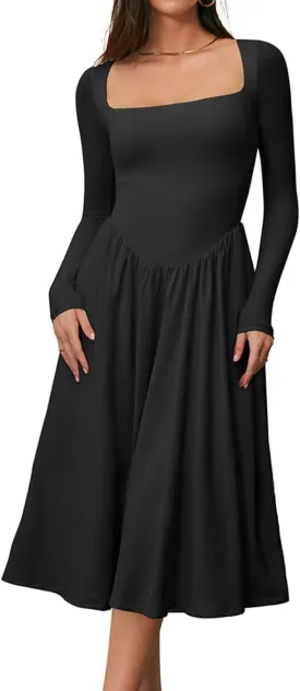 CHYRII Women Spring Fashion 2025 Square Neck Long Sleeve Casual A-Line Midi Dress