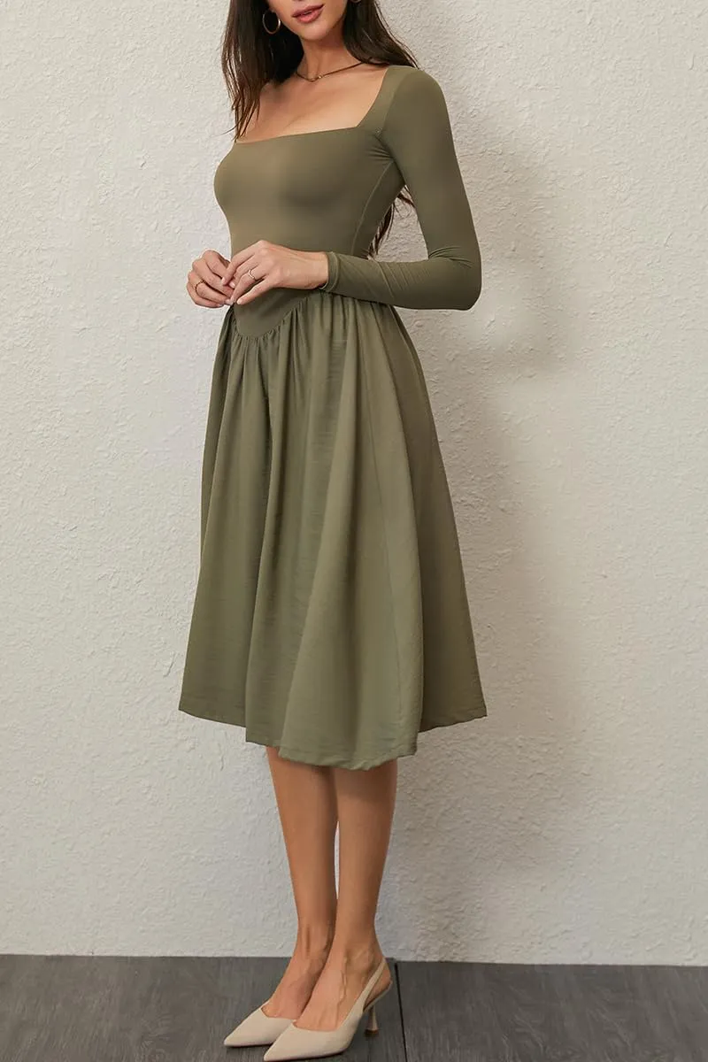 CHYRII Women Spring Fashion 2025 Square Neck Long Sleeve Casual A-Line Midi Dress