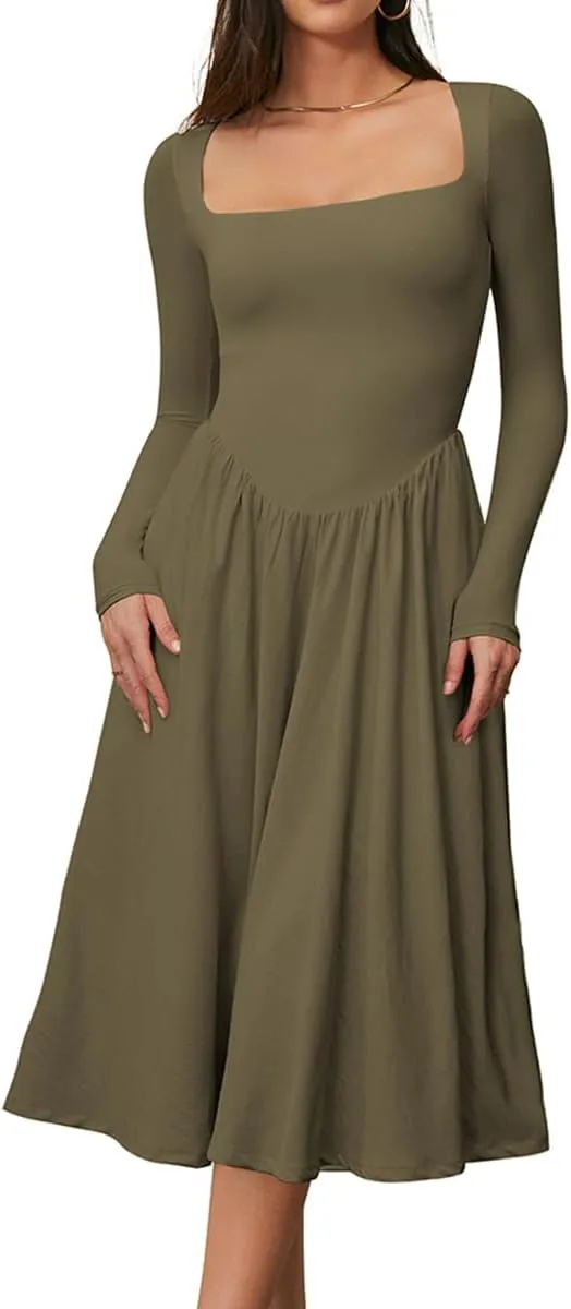CHYRII Women Spring Fashion 2025 Square Neck Long Sleeve Casual A-Line Midi Dress