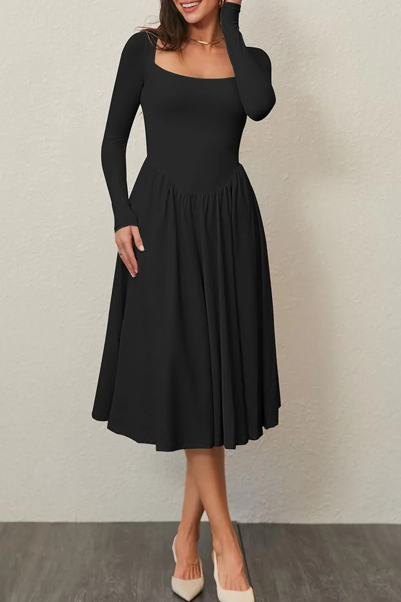CHYRII Women Spring Fashion 2025 Square Neck Long Sleeve Casual A-Line Midi Dress