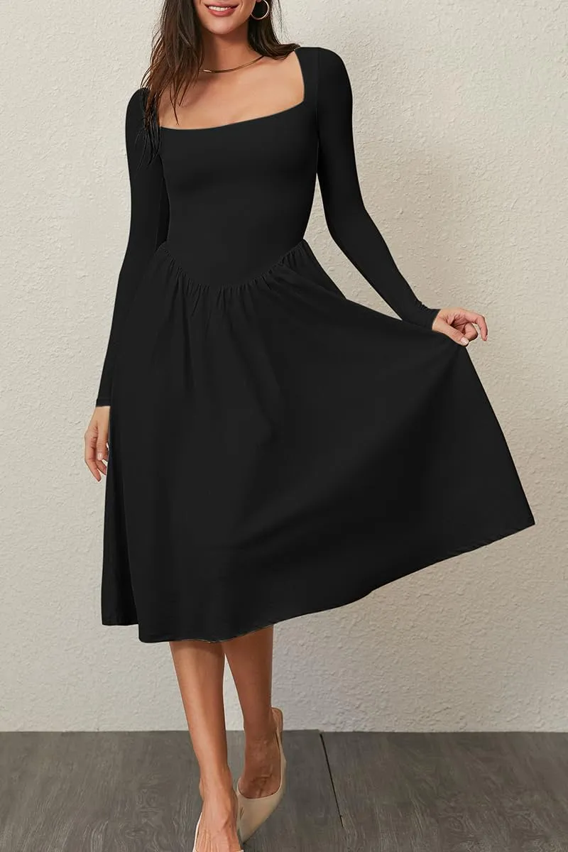CHYRII Women Spring Fashion 2025 Square Neck Long Sleeve Casual A-Line Midi Dress
