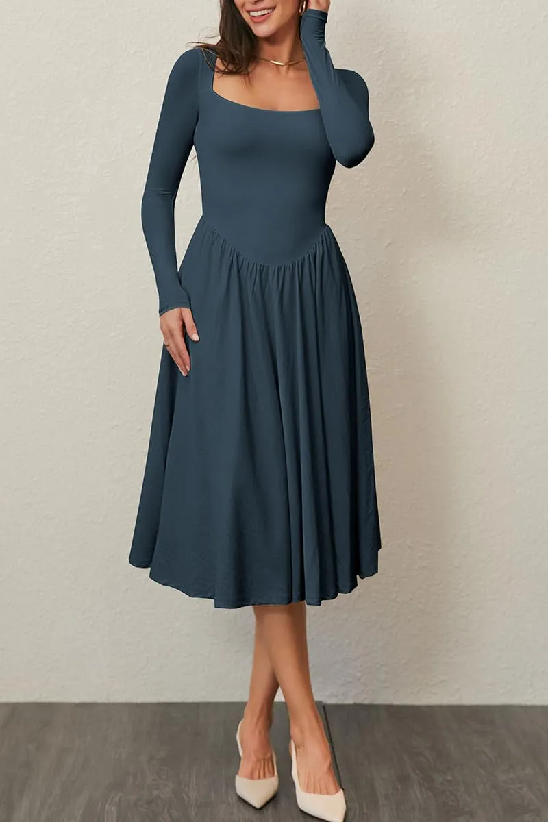 CHYRII Women Spring Fashion 2025 Square Neck Long Sleeve Casual A-Line Midi Dress