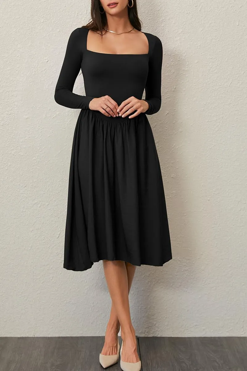 CHYRII Women Spring Fashion 2025 Square Neck Long Sleeve Casual A-Line Midi Dress