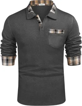 COOFANDY Men's Casual Polo Shirt Long Sleeve Classic Plaid Button Tees with Pockets