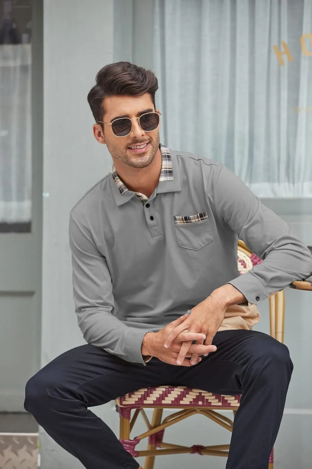 COOFANDY Men's Casual Polo Shirt Long Sleeve Classic Plaid Button Tees with Pockets