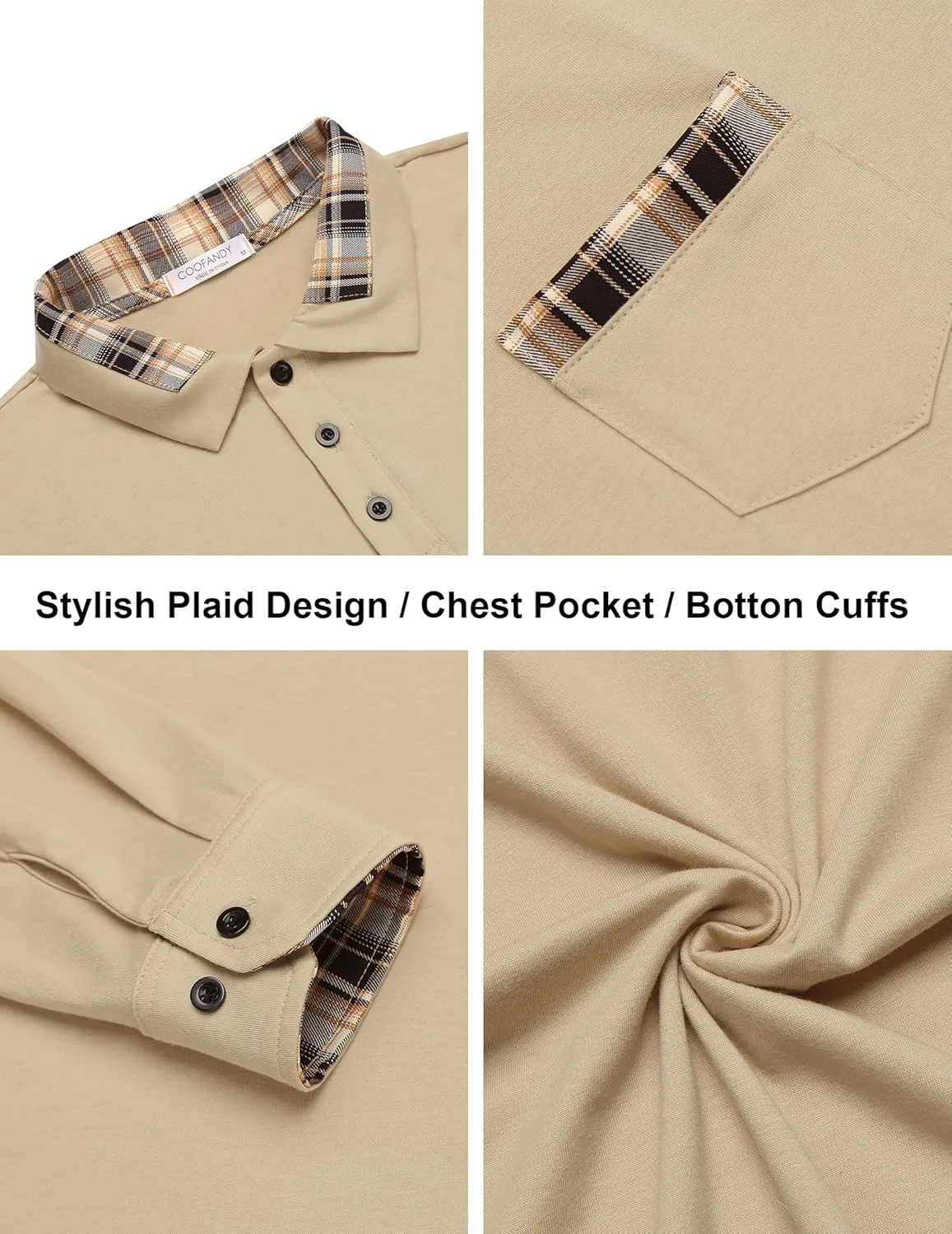 COOFANDY Men's Casual Polo Shirt Long Sleeve Classic Plaid Button Tees with Pockets