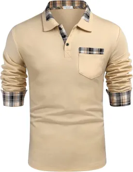 COOFANDY Men's Casual Polo Shirt Long Sleeve Classic Plaid Button Tees with Pockets