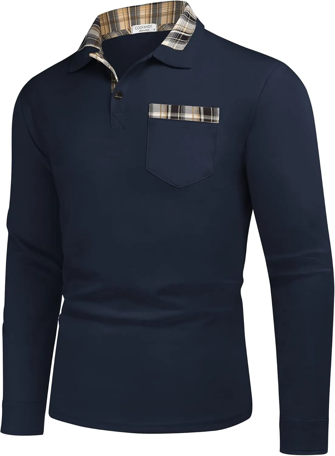 COOFANDY Men's Casual Polo Shirt Long Sleeve Classic Plaid Button Tees with Pockets