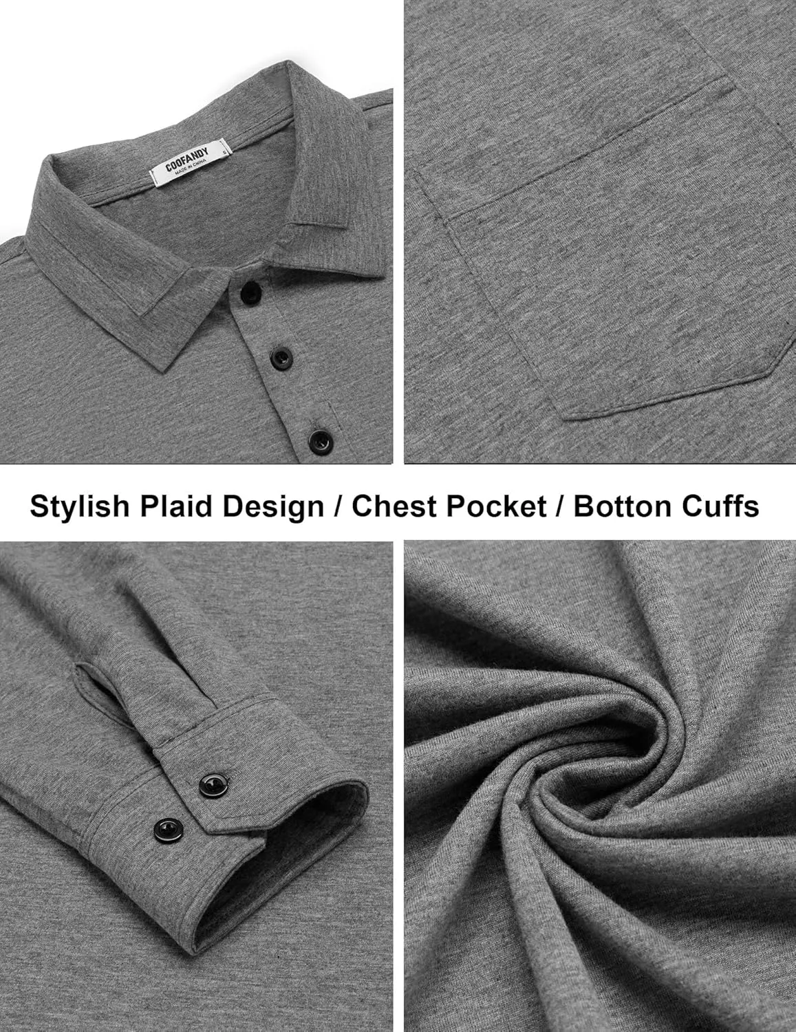 COOFANDY Men's Casual Polo Shirt Long Sleeve Classic Plaid Button Tees with Pockets