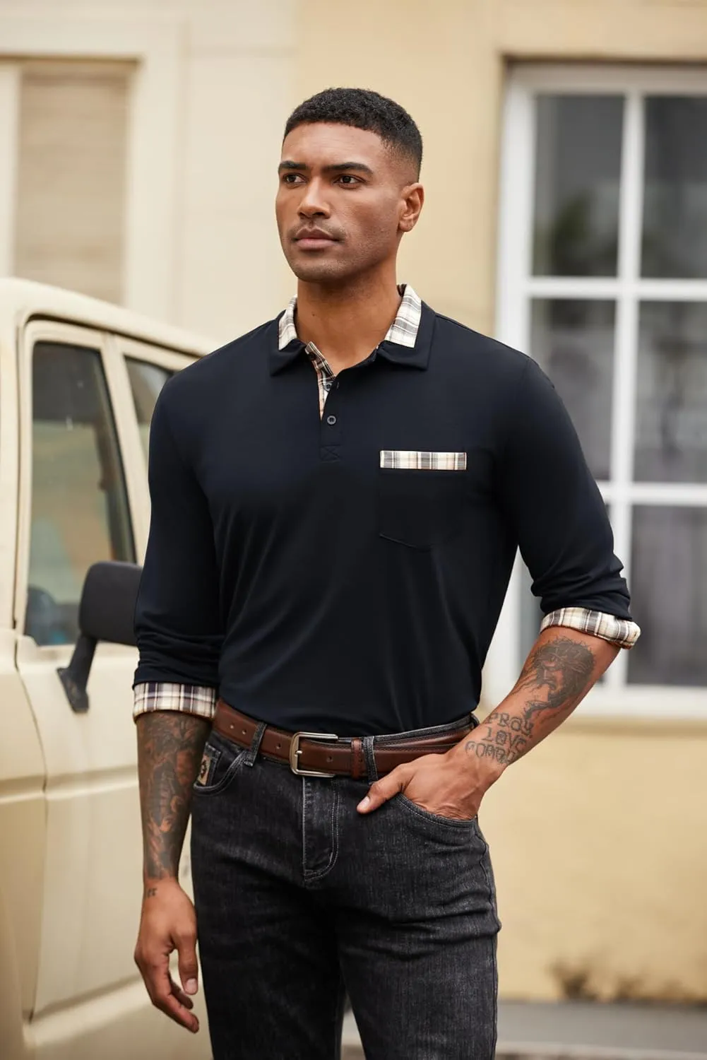 COOFANDY Men's Casual Polo Shirt Long Sleeve Classic Plaid Button Tees with Pockets