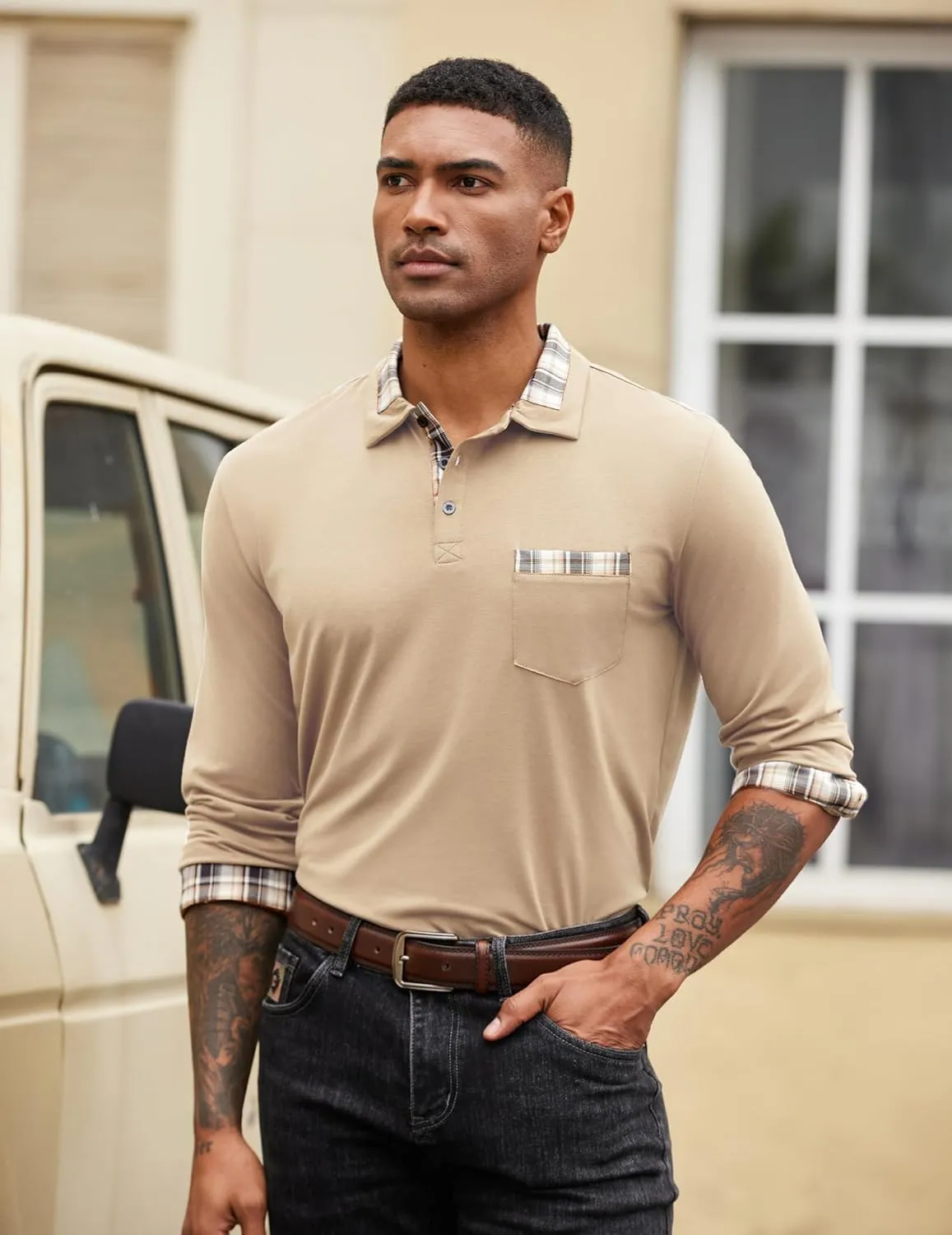 COOFANDY Men's Casual Polo Shirt Long Sleeve Classic Plaid Button Tees with Pockets