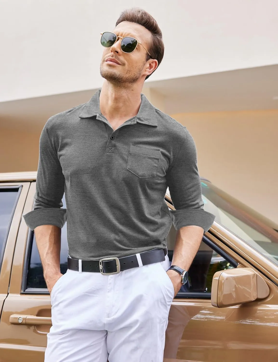 COOFANDY Men's Casual Polo Shirt Long Sleeve Classic Plaid Button Tees with Pockets