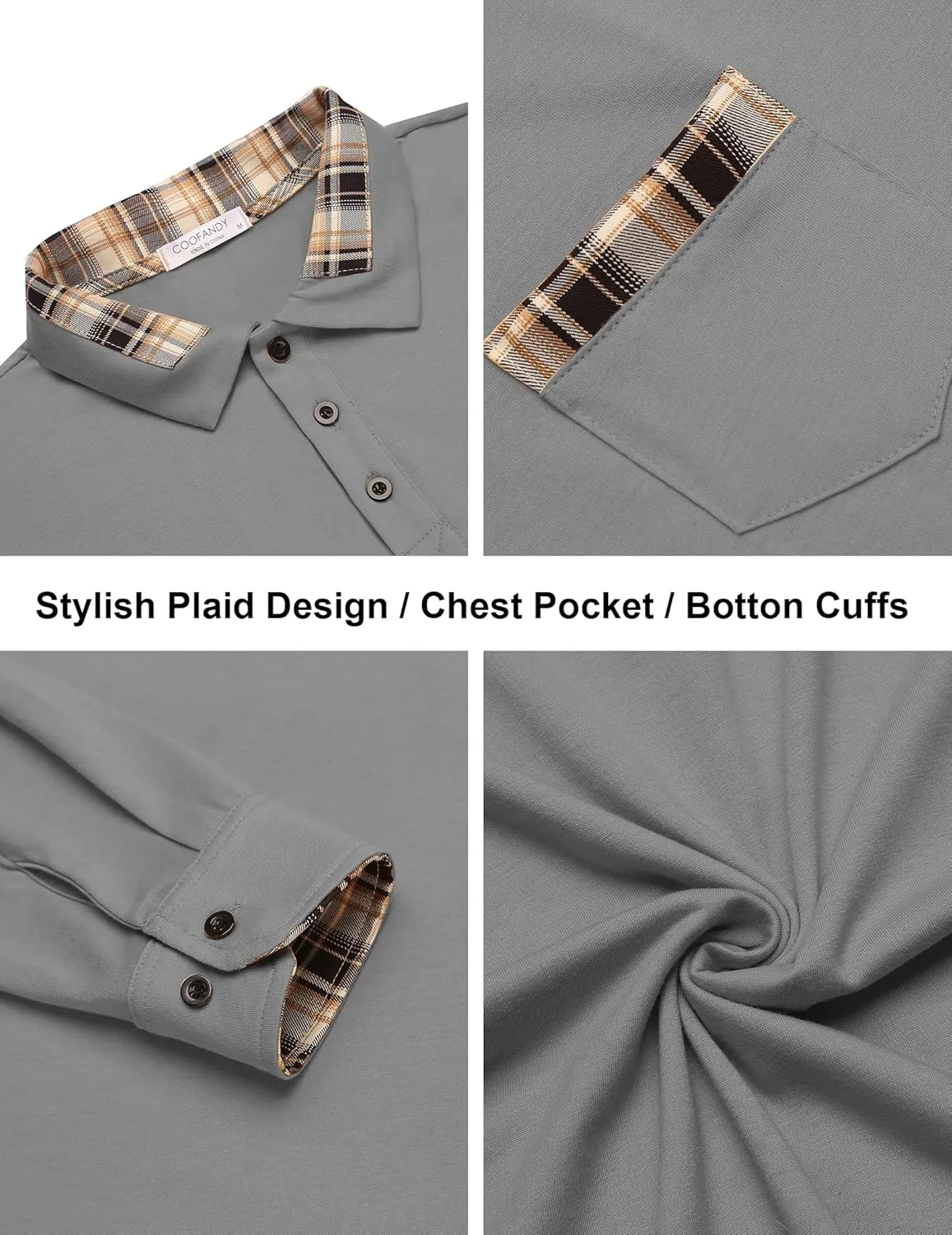 COOFANDY Men's Casual Polo Shirt Long Sleeve Classic Plaid Button Tees with Pockets