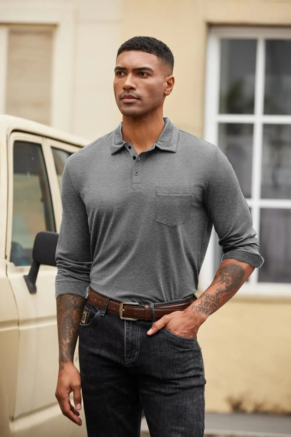 COOFANDY Men's Casual Polo Shirt Long Sleeve Classic Plaid Button Tees with Pockets