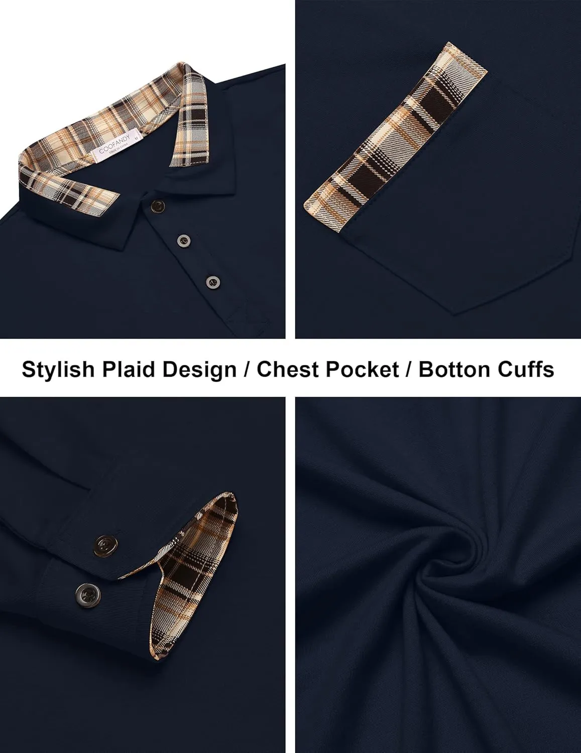 COOFANDY Men's Casual Polo Shirt Long Sleeve Classic Plaid Button Tees with Pockets