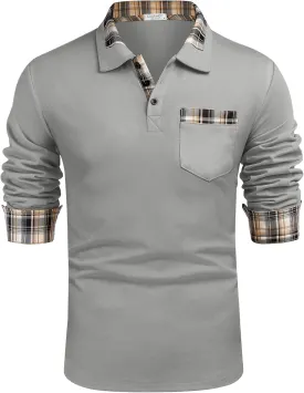 COOFANDY Men's Casual Polo Shirt Long Sleeve Classic Plaid Button Tees with Pockets