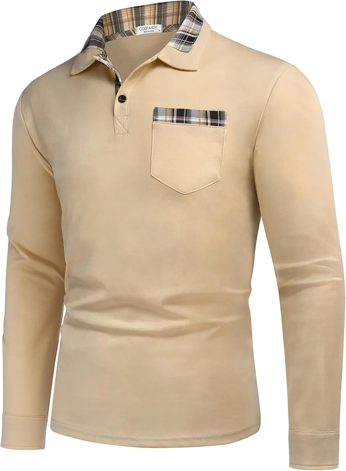 COOFANDY Men's Casual Polo Shirt Long Sleeve Classic Plaid Button Tees with Pockets