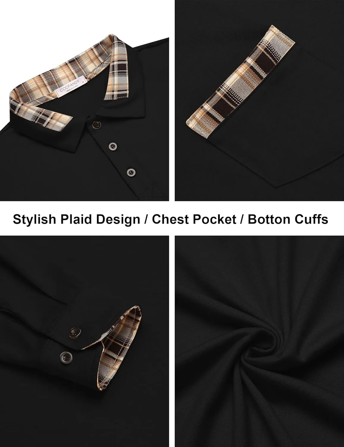 COOFANDY Men's Casual Polo Shirt Long Sleeve Classic Plaid Button Tees with Pockets