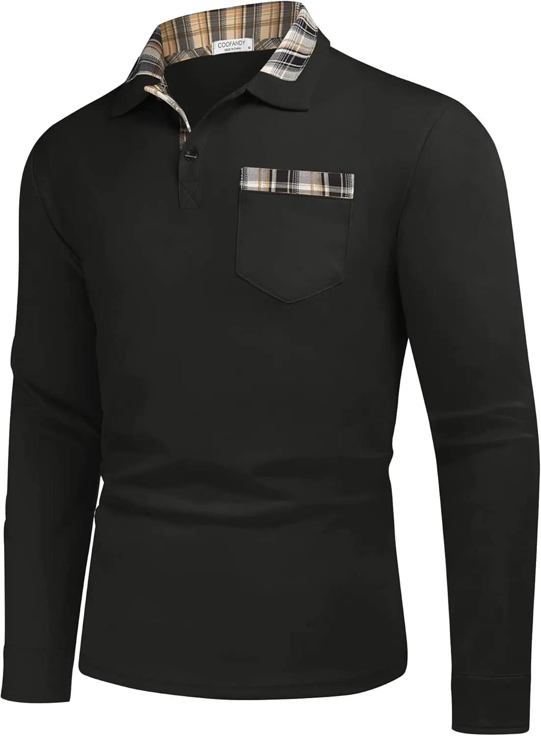 COOFANDY Men's Casual Polo Shirt Long Sleeve Classic Plaid Button Tees with Pockets