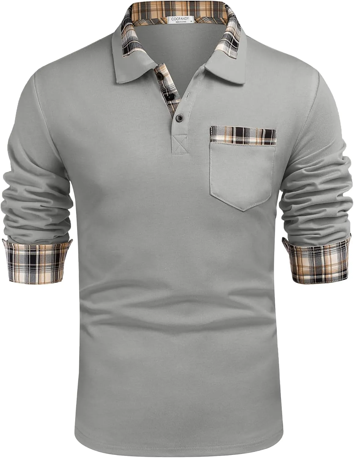 COOFANDY Men's Casual Polo Shirt Long Sleeve Classic Plaid Button Tees with Pockets